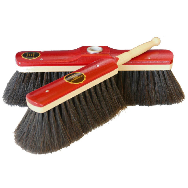 Stubenbesen‑Set in Mahagonioptik aus Buchenholz mit echtem Ross‑Schweifhaar, Besen 28 cm & Handfeger 30 cm für sanfte Reinigung glatter Böden