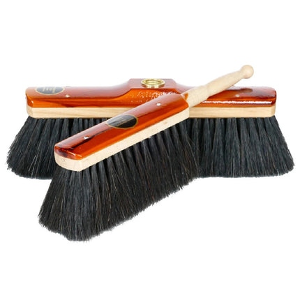 Stubenbesen‑Set Imola aus teakfarben lackiertem Buchenholz mit reinem Ross‑Schweifhaar, Besen 28 cm & Handfeger 30 cm für staubfreie Reinigung
