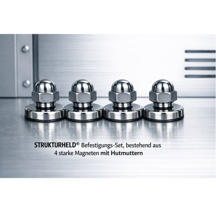 Magnetisches STRUKTURHELD® Befestigungs‑Set mit 4 starken Magneten und Hutmuttern zur sicheren Montage von Wandhaltern an Metallschränken