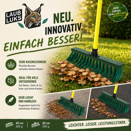 Laubbesen LAUB LUKS® für Rasen und Steinflächen mit Übersicht der Vorteile und Arbeitsbreiten