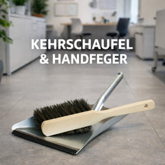 Metall‑Kehrschaufel mit Gummilippe und Handfeger – robust für Haushalt, Werkstatt & Industrie. Ideal für Staub, Krümel und groben Schmutz.