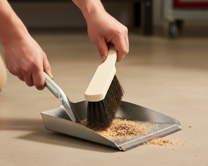 Metall‑Kehrschaufel mit Gummilippe und Handfeger – robust für Haushalt, Werkstatt & Industrie. Ideal für Staub, Krümel und groben Schmutz.
