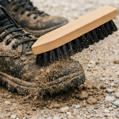 Schmutzbürste mit Holzgriff – reinigt schmutzige Schuhe & Stiefel. Robust, vegan, plastikfrei, Made in Germany.