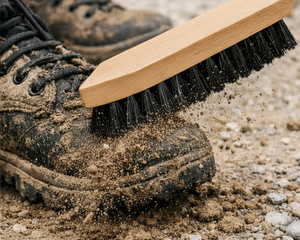 Schmutzbürste mit Holzgriff – reinigt schmutzige Schuhe & Stiefel. Robust, vegan, plastikfrei, Made in Germany.