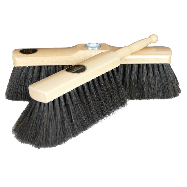 Stubenbesen‑Set Tradition aus glänzend lackiertem Buchenholz mit reinem Ross‑Schweifhaar, Besen 28 cm & Handfeger 30 cm für staubfreie Reinigung