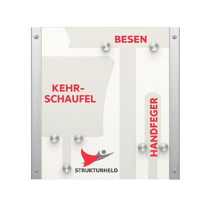 Besen‑Wandhalterung aus Aluminium mit 5S‑Schattenplätzen für Besen, Handfeger und Kehrschaufel in Industrie und Werkstatt.