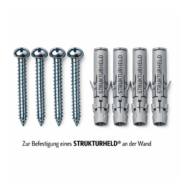 Befestigungsset für STRUKTURHELD® Wandhalterung mit 4 Schrauben und 4 Dübeln für sicheren Halt von Strukturplatten an der Wand