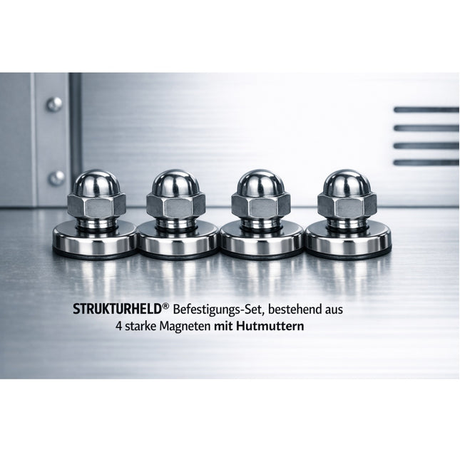 Magnetisches STRUKTURHELD® Befestigungs‑Set mit 4 starken Magneten und Hutmuttern zur sicheren Montage von Wandhaltern an Metallschränken