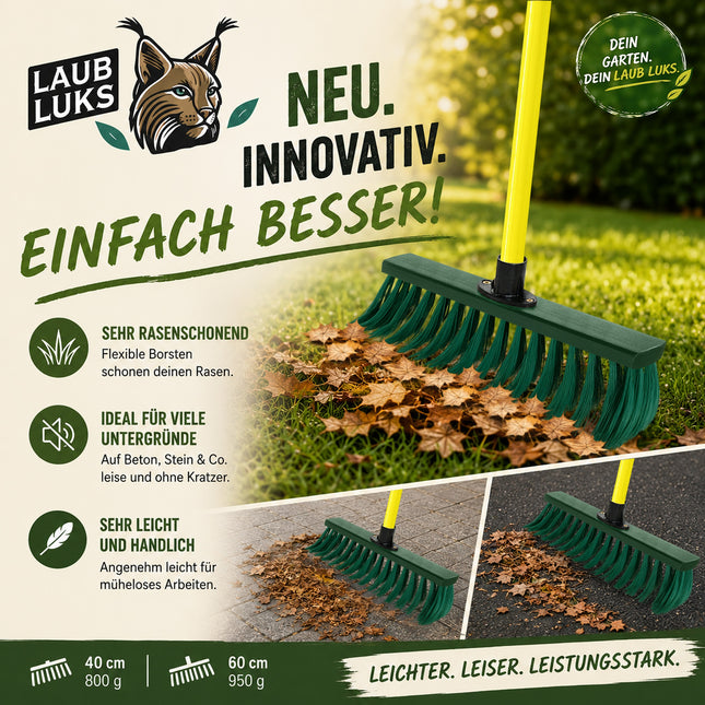 Laubbesen LAUB LUKS® für Rasen und Steinflächen mit Übersicht der Vorteile und Arbeitsbreiten
