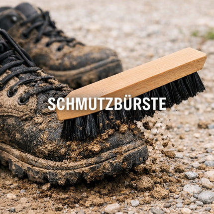 Schmutzbürste mit Holzgriff & harten Borsten – für Schuhe, Stiefel & Werkstatt. Ideal zur Reinigung von Profilen & grobem Schmutz.