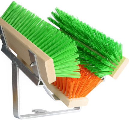 Outdoor Schuhreiniger verzinkt mit orange-grünen Bürsten – robust für Werkstatt und Eingangsbereiche