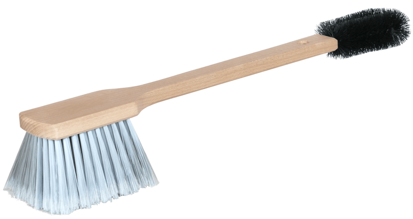 Doppelseitige Fahrzeugbürste mit Holzgriff – reinigt Felgen, Lack & Glas schonend. Ideal für Auto, Motorrad & Wohnmobil